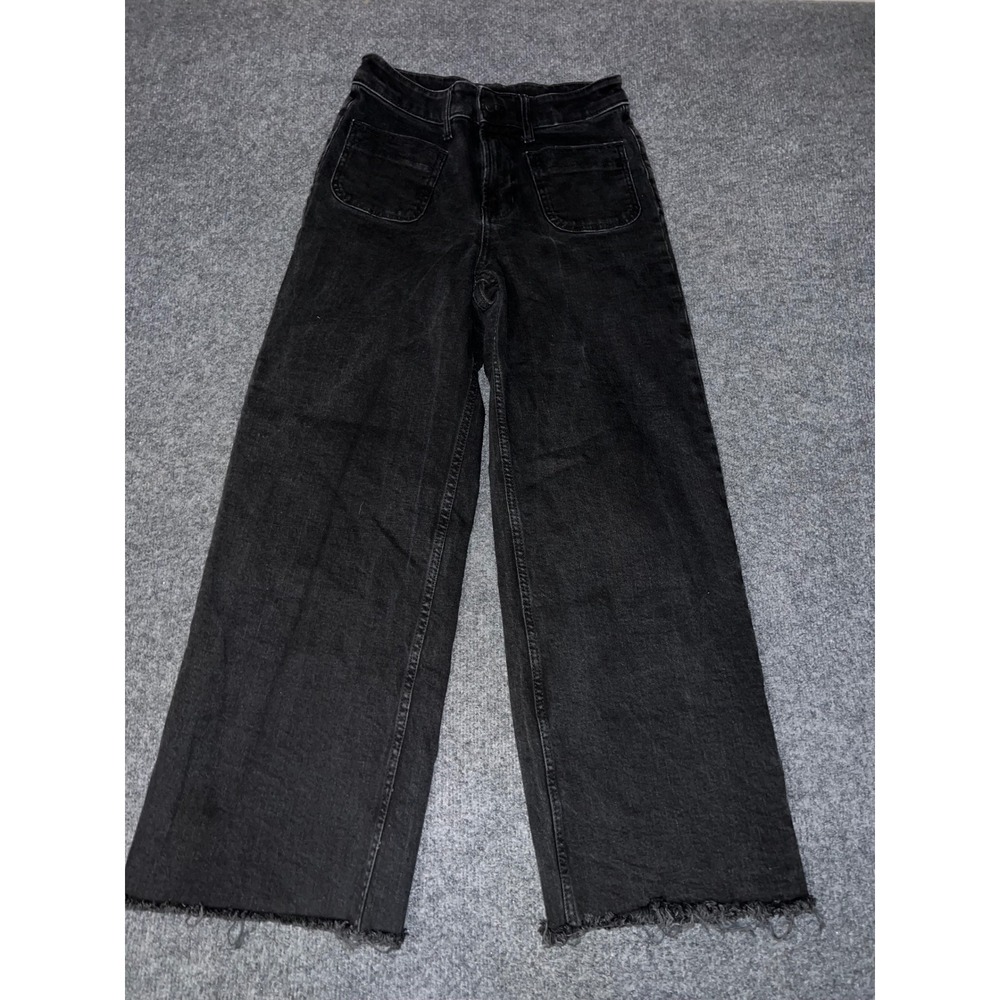 Free Assembly Womens Size 2 Black Wide Leg Raw Hem High Rise Patch Pocket Jeans
